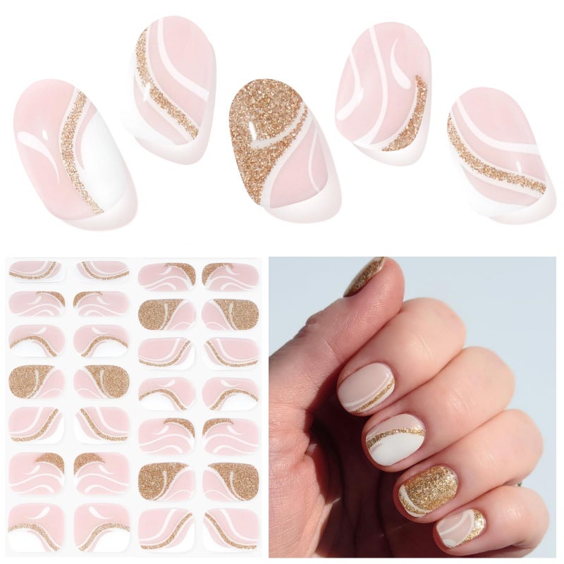 DUKASOU Semi Cured Gel Nail Strips Gold Pink 28 pcs Gel Nail Strips Work with Any UV Lamp Salon Quality UV Nails Stickers Easy to Apply for Home Nails DIY