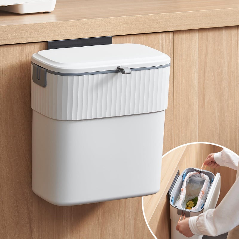 COCOYA Hanging Trash Can with Lid, 2.3 Gallon Kitchen Garbage Bin Food Waste Container Convenient Durable Over Cabinet Door RV Counter Camping Cupboard Under Sink Compost Bathroom Wall Mounted - Image 1