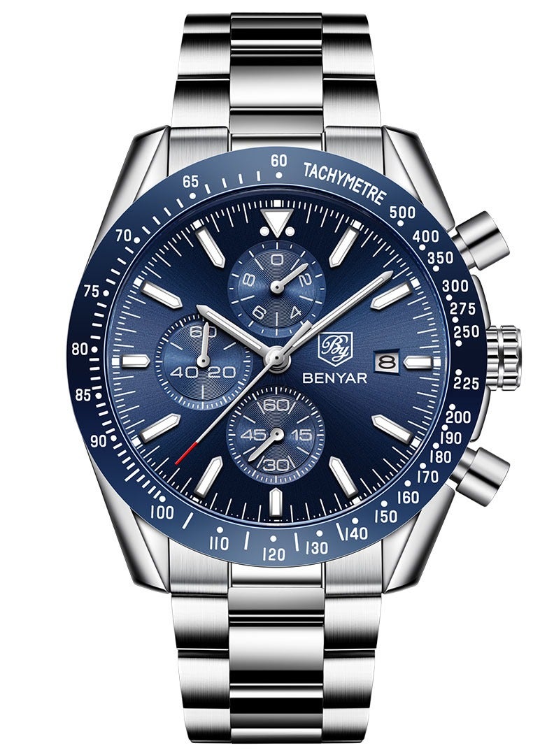 BENYAR Quartz Men's Watches Waterproof Sports Chronograph Wrist Watch for Men with Steel Bracelet Auto Date 45mm  - Image 1