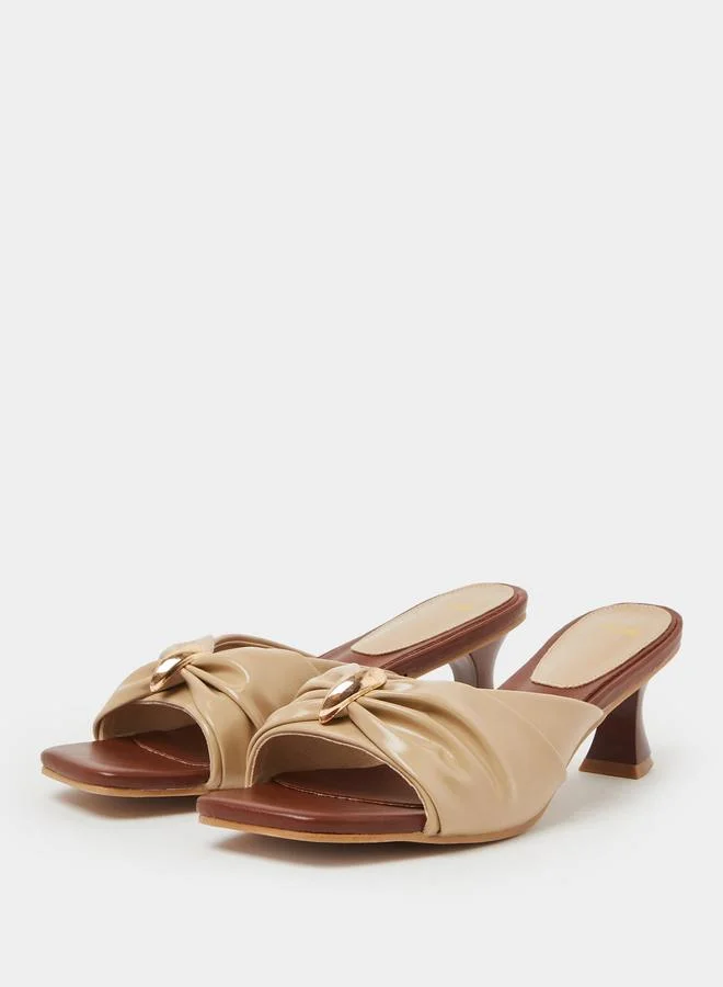 Styli Brown and Beige Ruched Mid Heel Mule
