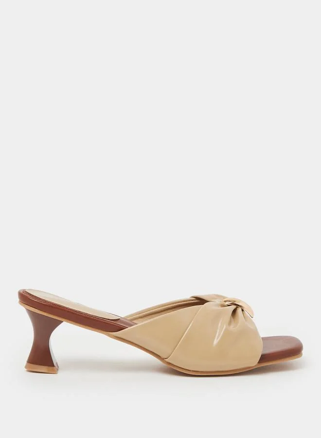 Styli Brown and Beige Ruched Mid Heel Mule