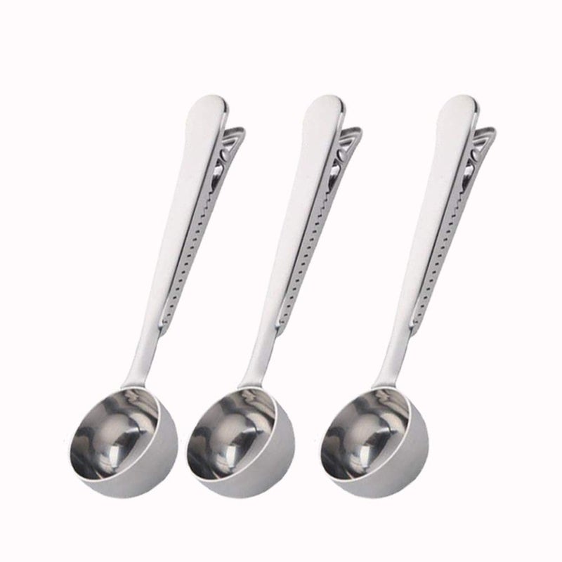 3PCS Silver Coffee Scoop with Clip 2 in 1 Stainless Steel 1 tbsp Ground Measuring Spoon with Bag Clip for Coffee Tea