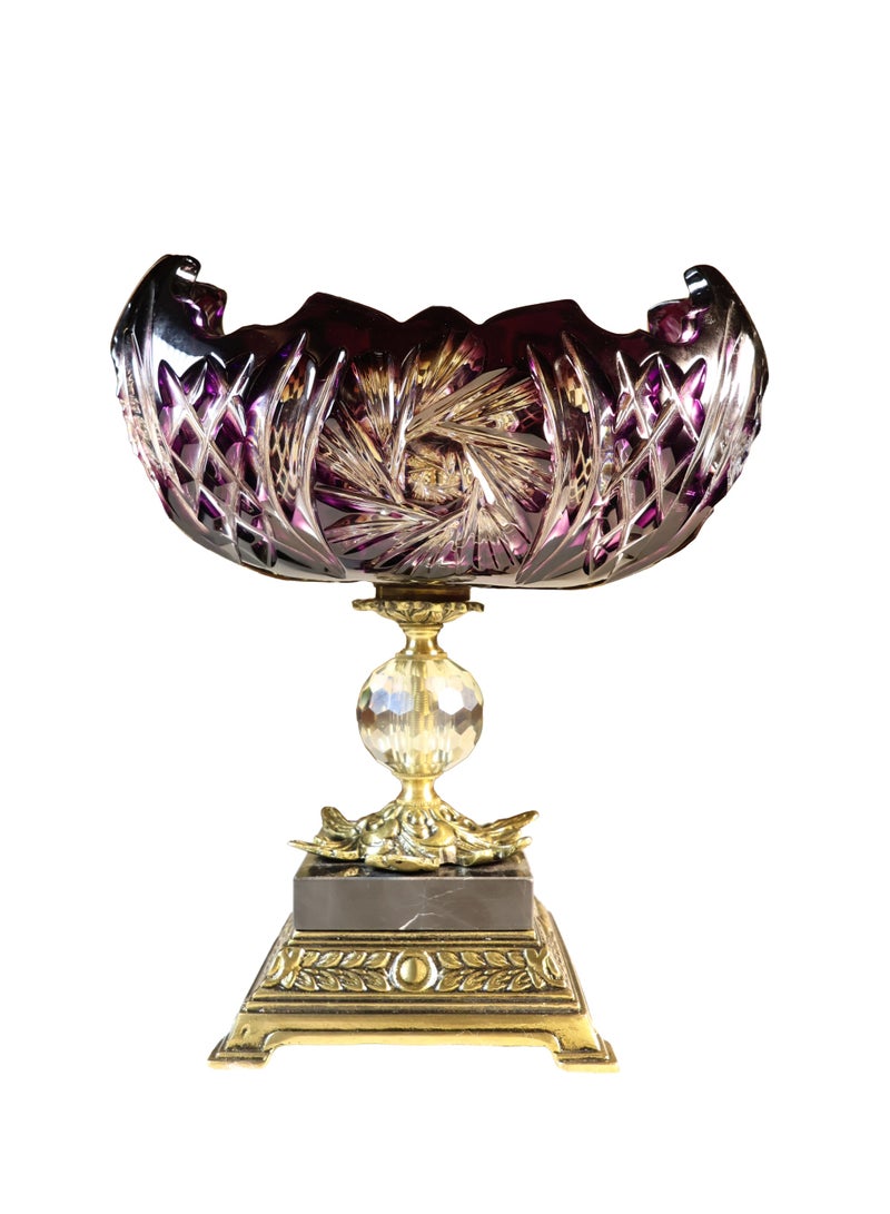 Crystal Candy Dish with Brass Base and Marble Details, Purple, 30 cm Height - Image 1