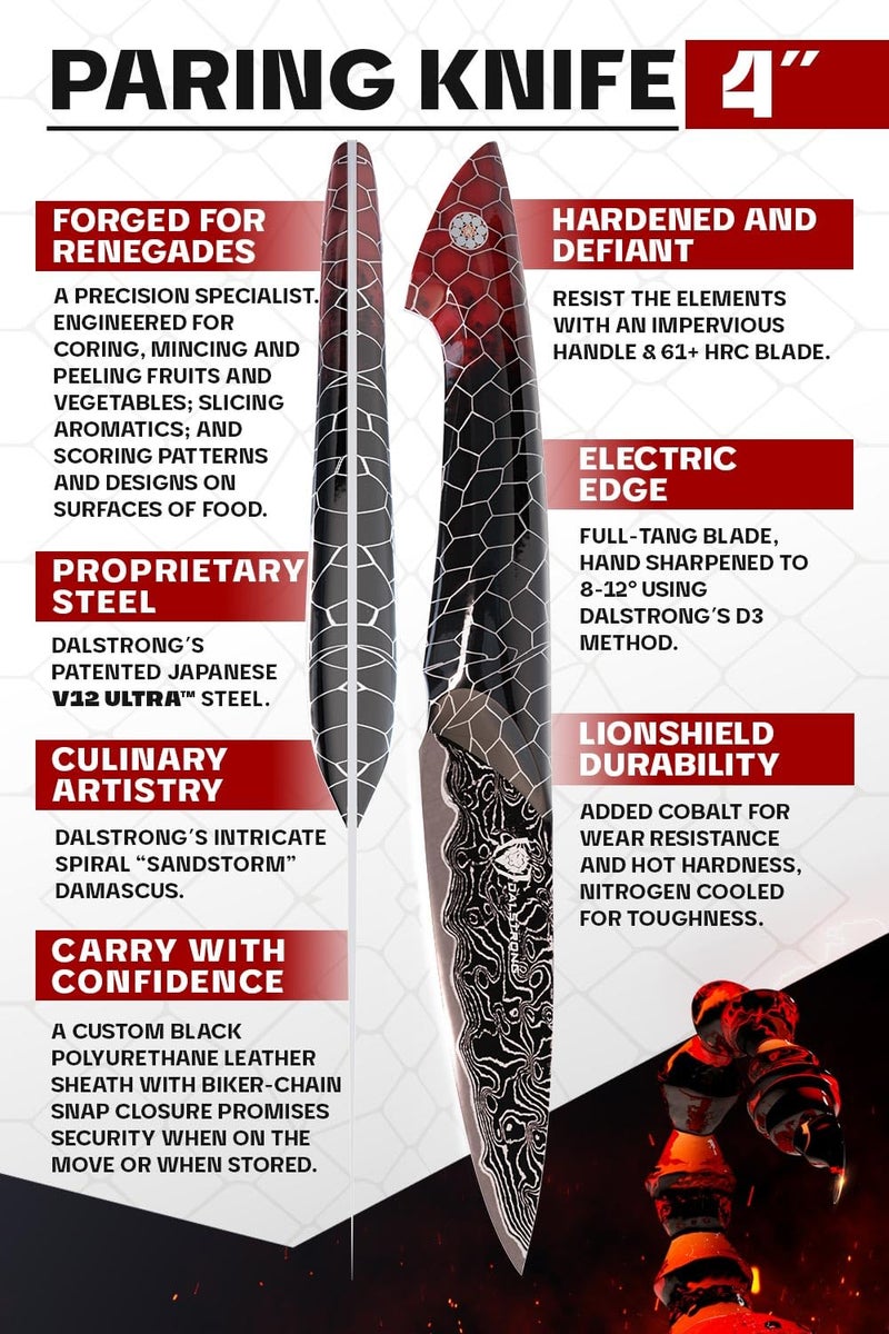 Dalstrong Paring Knife - 4”- Scorpion Series - Exclusive Japanese V12 Ultra™ Steel - Black Damascus - Black & Red Honeycomb Resin Handle -Paring Knife with Cover - Image 4