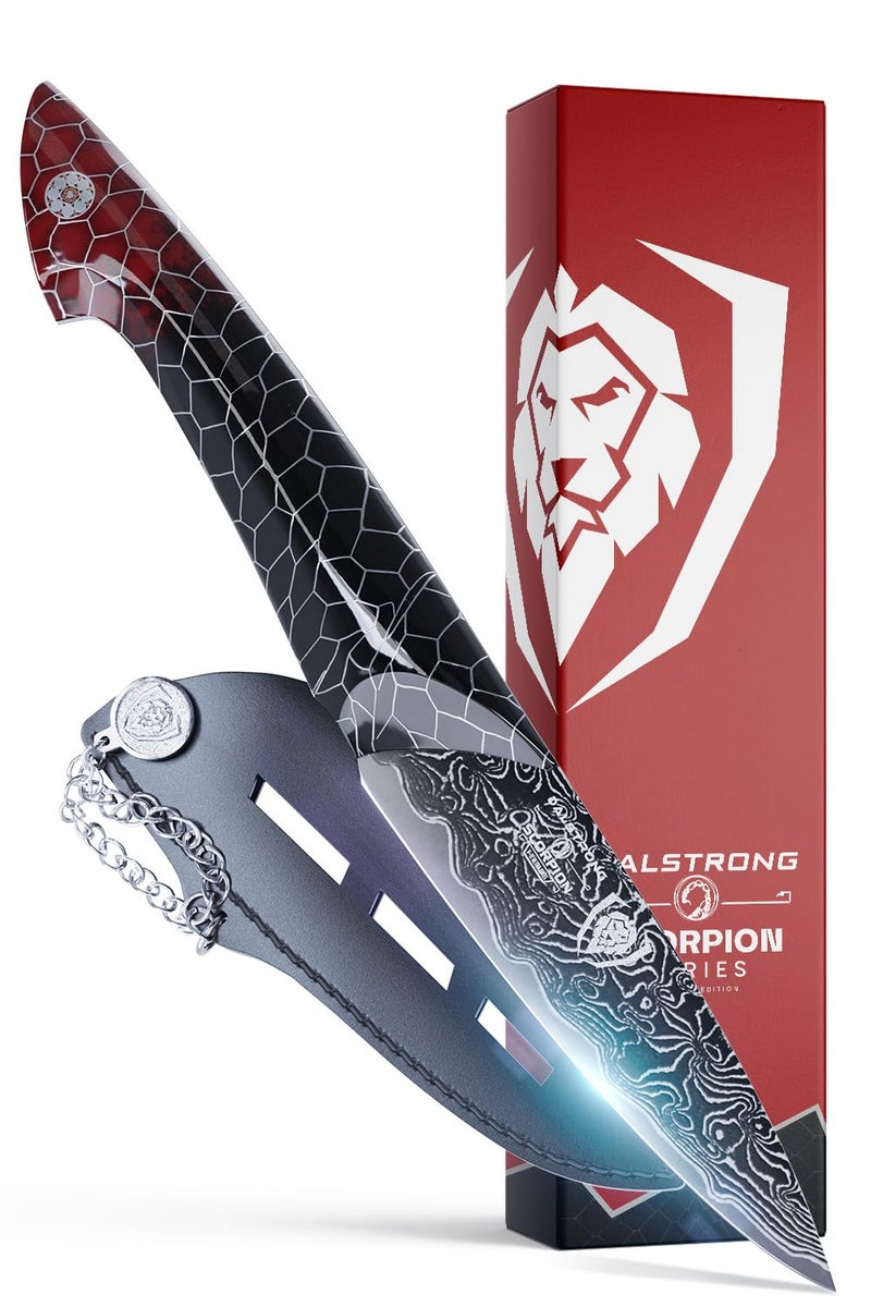 Dalstrong Paring Knife - 4”- Scorpion Series - Exclusive Japanese V12 Ultra™ Steel - Black Damascus - Black & Red Honeycomb Resin Handle -Paring Knife with Cover - Image 1