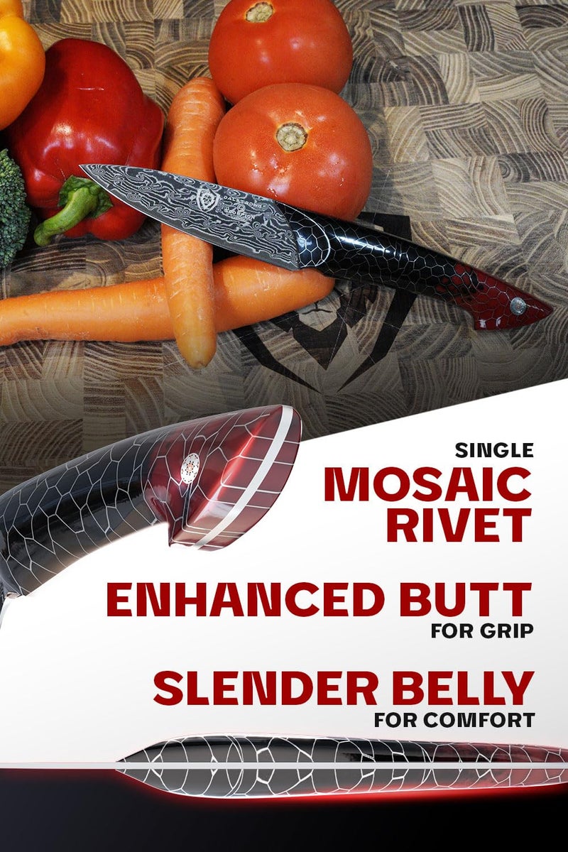 Dalstrong Paring Knife - 4”- Scorpion Series - Exclusive Japanese V12 Ultra™ Steel - Black Damascus - Black & Red Honeycomb Resin Handle -Paring Knife with Cover - Image 5