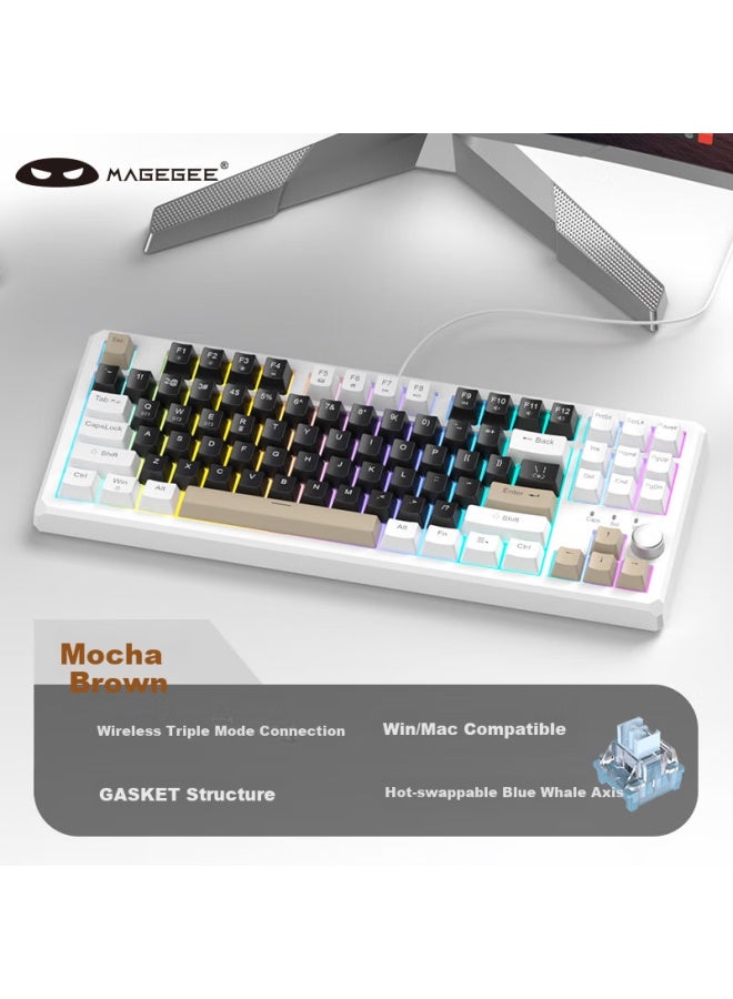 Magegee Sky 87 Tri-Mode Bluetooth Wireless Keyboard, 87-Key Full Hot-Swappable Mechanical Keyboard, E-Sports Gaming Keyboard, Gasket Customizable Keyboard, Mocha Brown Blue Whale Switch - Image 1