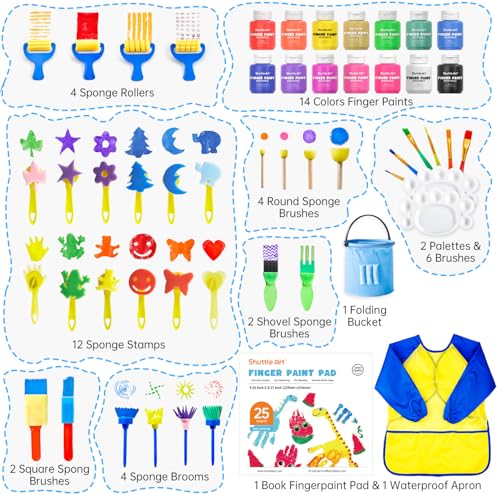 Shuttle Art Washable Kids Paint Set - 53 Pack with 14 Colors (60ml), Brushes, Finger Paint Pad, Sponge, Palette, Smock, Non-Toxic for Toddlers - Image 2
