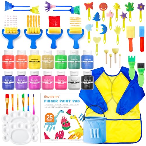 Shuttle Art Washable Kids Paint Set - 53 Pack with 14 Colors (60ml), Brushes, Finger Paint Pad, Sponge, Palette, Smock, Non-Toxic for Toddlers - Image 1