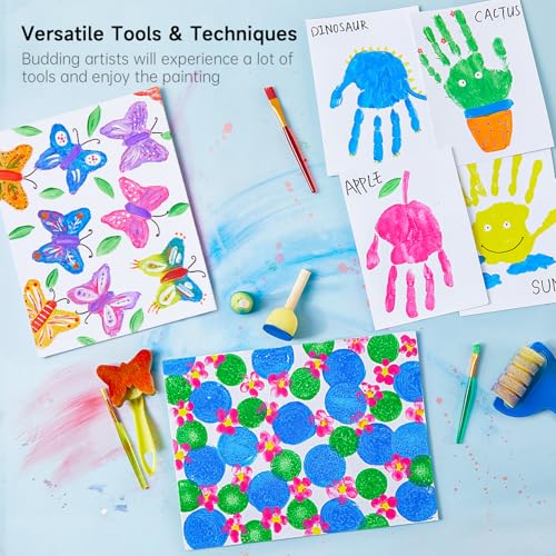 Shuttle Art Washable Kids Paint Set - 53 Pack with 14 Colors (60ml), Brushes, Finger Paint Pad, Sponge, Palette, Smock, Non-Toxic for Toddlers - Image 4