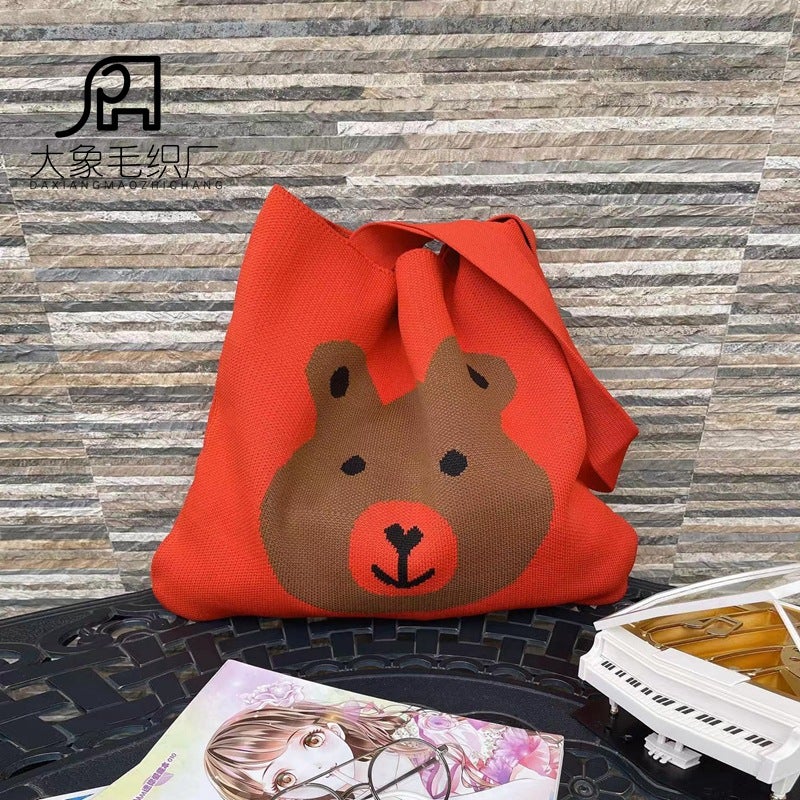 2022 Same Style Korean Style Cute Bear Simple Knitted Handbag Creative Handmade Shoulder Bag For Women - Image 3