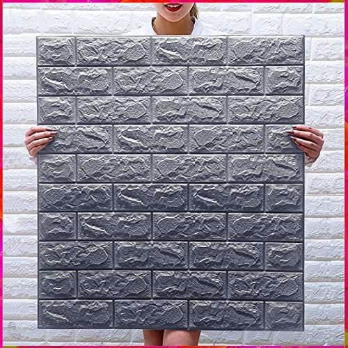 Wolpin 3D Grey Brick Wallpaper for Wall PE Foam Wall Stickers Self Adhesive DIY Wall Decor (70 x 77cm, Appx. 5.8Sq Feet) Silver Grey - Image 1