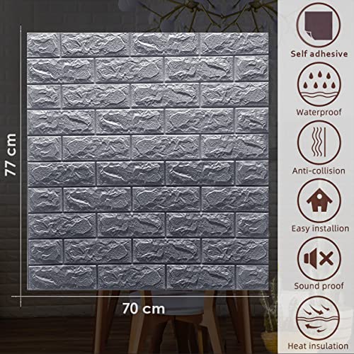 Wolpin 3D Grey Brick Wallpaper for Wall PE Foam Wall Stickers Self Adhesive DIY Wall Decor (70 x 77cm, Appx. 5.8Sq Feet) Silver Grey - Image 5