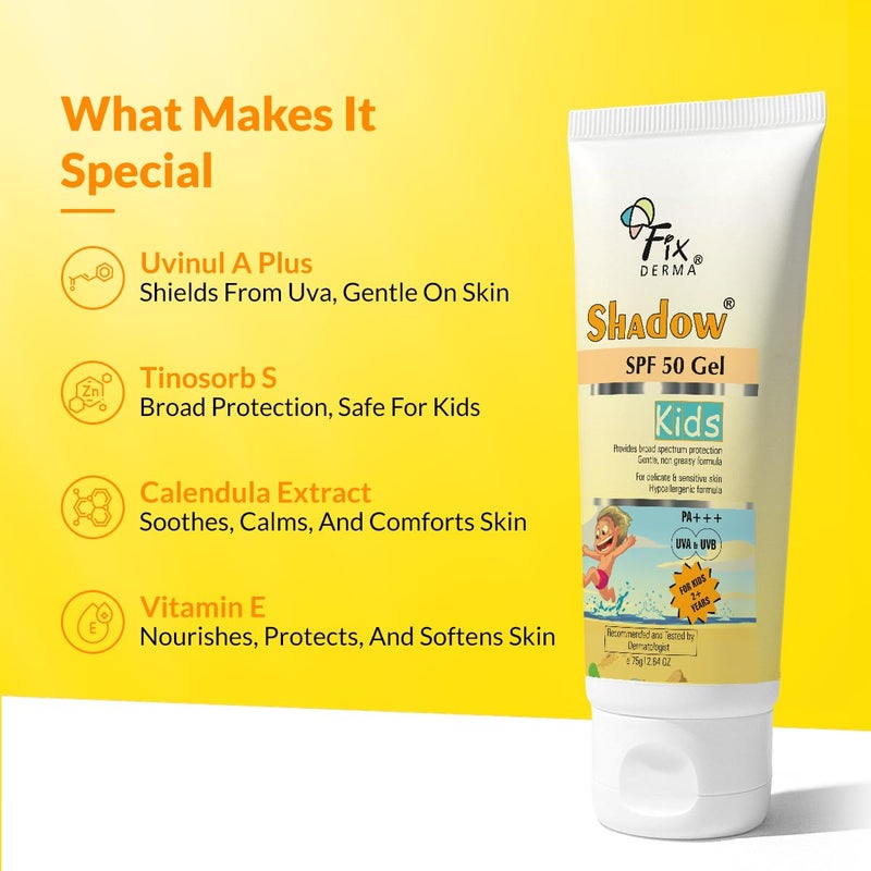 Fixderma Shadow Sunscreen SPF 50 Gel for Kids PA  Broad Spectrum Sunscreen for UVA  UVB ProtectionNon Greasy  Water Resistant  75gm - Image 4