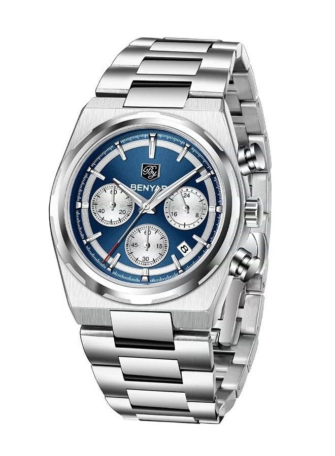 BENYAR Men's Quartz Watch Stainless Steel Waterproof Chronograph Watch Men's,Luxury Business Sports Gift Watch, Watch BY-5204 SilverDeep Blue - Image 1