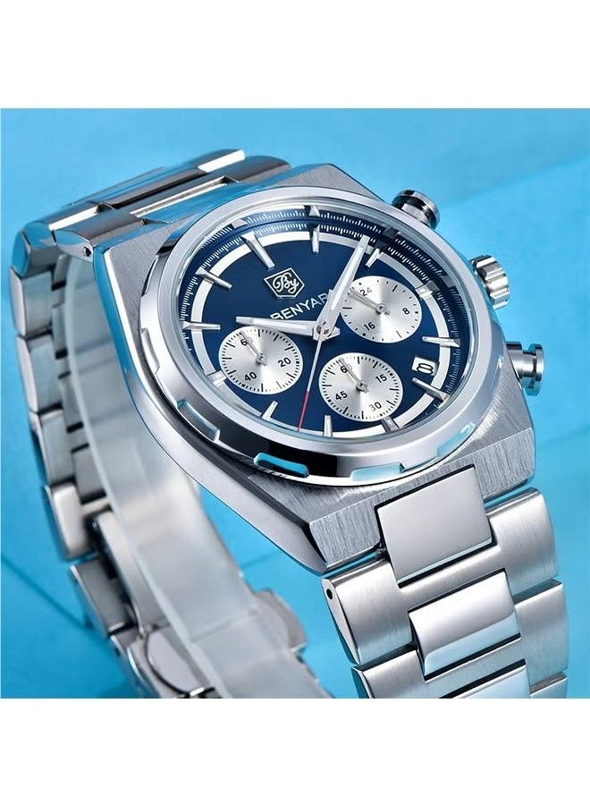 BENYAR Men's Quartz Watch Stainless Steel Waterproof Chronograph Watch Men's,Luxury Business Sports Gift Watch, Watch BY-5204 SilverDeep Blue - Image 3
