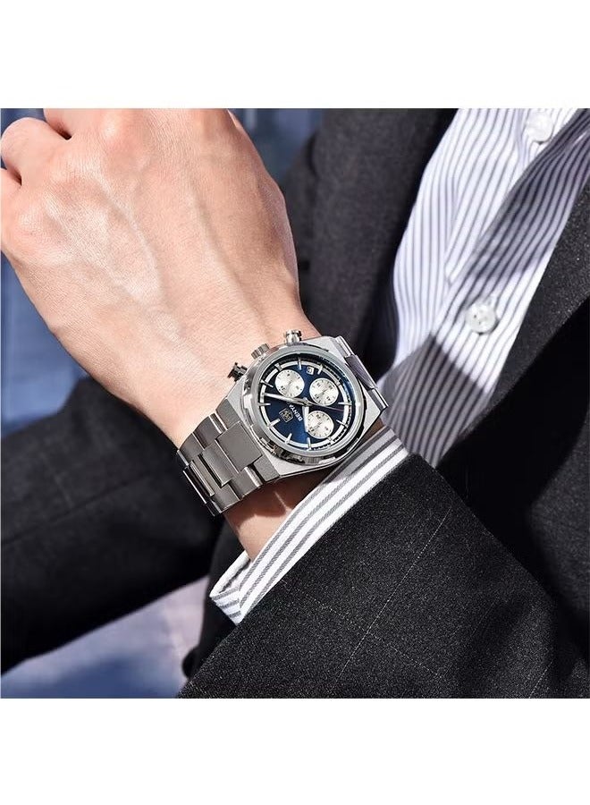 BENYAR Men's Quartz Watch Stainless Steel Waterproof Chronograph Watch Men's,Luxury Business Sports Gift Watch, Watch BY-5204 SilverDeep Blue - Image 2