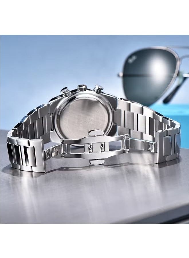 BENYAR Men's Quartz Watch Stainless Steel Waterproof Chronograph Watch Men's,Luxury Business Sports Gift Watch, Watch BY-5204 SilverDeep Blue - Image 4