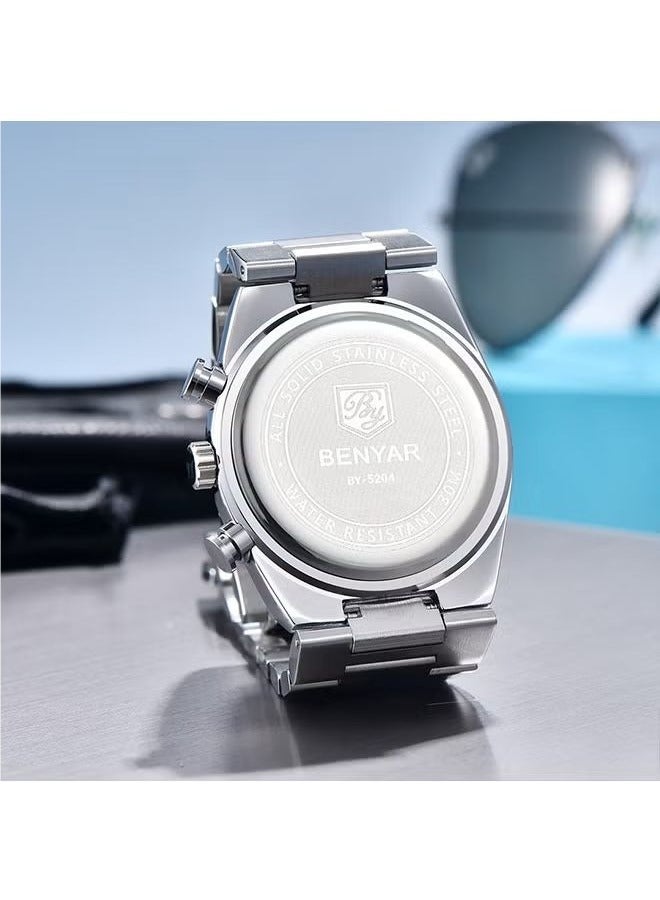 BENYAR Men's Quartz Watch Stainless Steel Waterproof Chronograph Watch Men's,Luxury Business Sports Gift Watch, Watch BY-5204 SilverDeep Blue - Image 5
