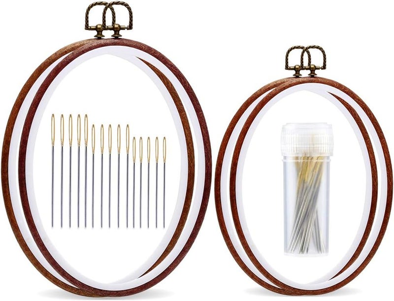JUPEAN Embroidery Hoop, 7.5'' 9.2'' Oval Embroidery Hoop, Imitated Wood Display Frame with 30 Pieces Embroidery Needles, Embroidery Frame and Cross Stitch Hoop for Art Craft Sewing and Wall Hanging - Image 1