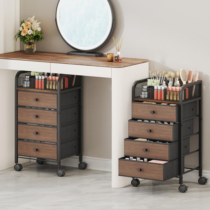 SWTYMIKI Rolling Makeup Organizer Cart - Under Desk Vanity Makeup Storage with 3 Non-woven Drawers, Nail Cart Organizer Cosmetic Display Cases Cabinet for Skin Care Perfume Nail Polish Brush Hair Tool - Image 1
