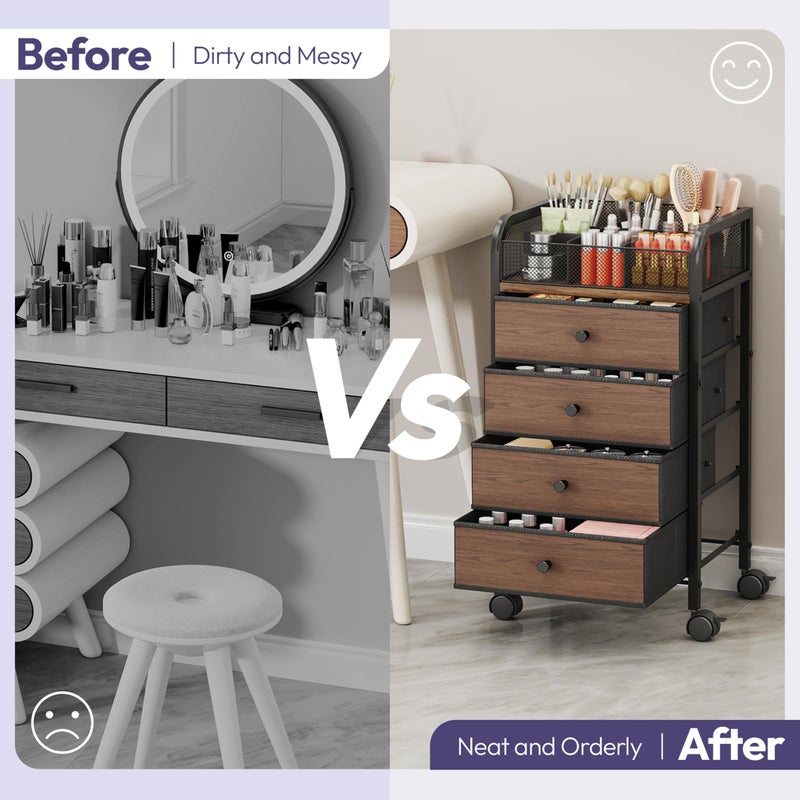 SWTYMIKI Rolling Makeup Organizer Cart - Under Desk Vanity Makeup Storage with 3 Non-woven Drawers, Nail Cart Organizer Cosmetic Display Cases Cabinet for Skin Care Perfume Nail Polish Brush Hair Tool - Image 3