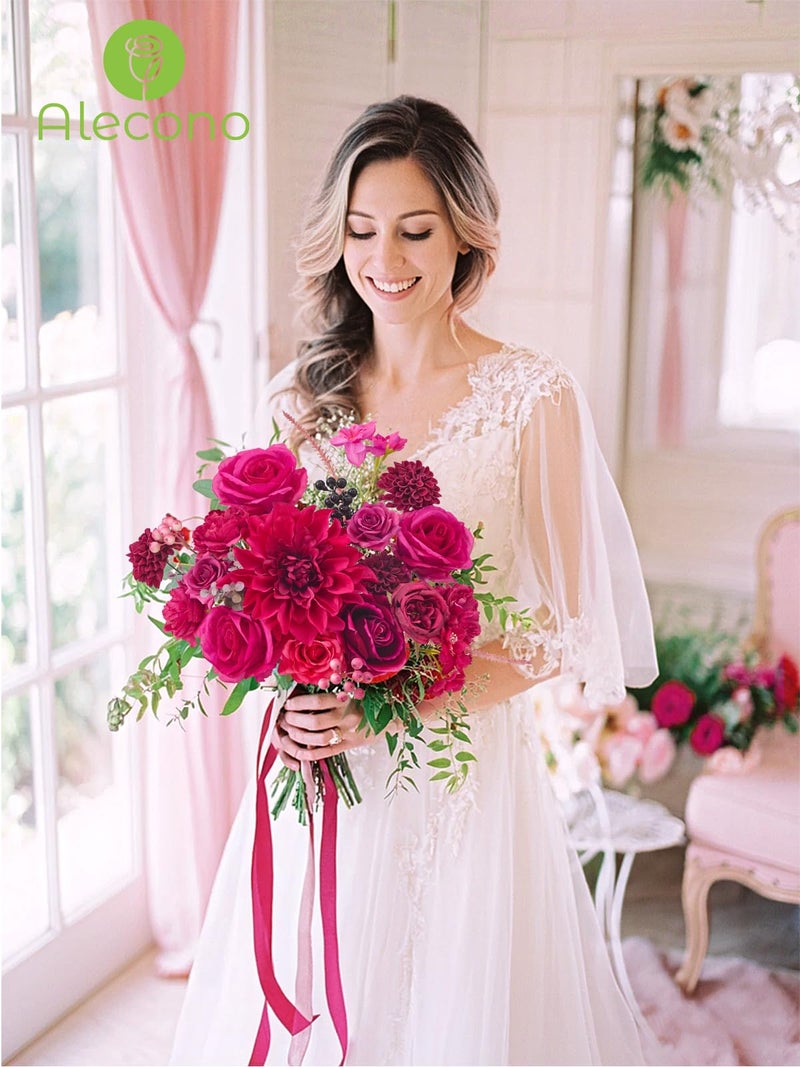 Alecono Artificial Flowers  Hot Pink Fake Flowers For Diy Wedding Bouquets  Bridal Baby Shower  Home Decor  Centerpieces For Table Decorations - Image 5