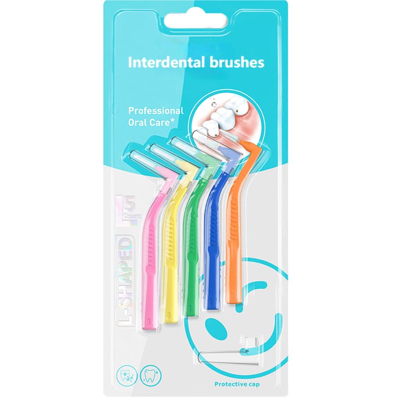 Inralimot L-Shaped Interdental Brushes Braces Toothbrush Short Handle,5 Different Sizes Dental Floss Brush Angled Interdental Toothpick,Manual,Adult,Colours-Multicolor,1 Count - Image 1