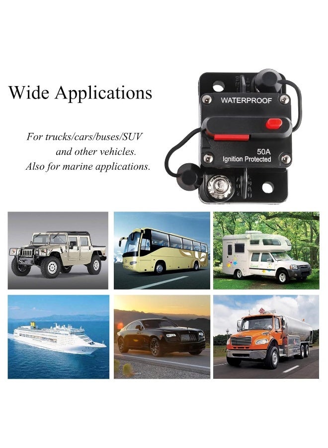 قاطع دائرة 50 أمبير DC 12V-48V/50A مقاوم للماء مع مفتاح إعادة تعيين يدوي للحد من الحمل لمحرك القارب/ ATV البحرية/ أنظمة الصوت في المركبات/ البطاريات/ النظام الشمسي  - Image 4