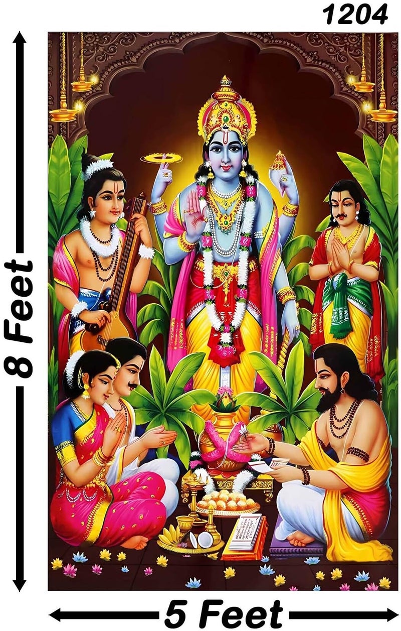 Backdropon Lord Satyanarayana is a Form of Lord Vishnu Design Backdrop Cloth for Pooja Decoration Traditional/Background Curtain Cloth for Festival Size 8 Feet Height and 5 Feet Width(8 * 5) - Image 2