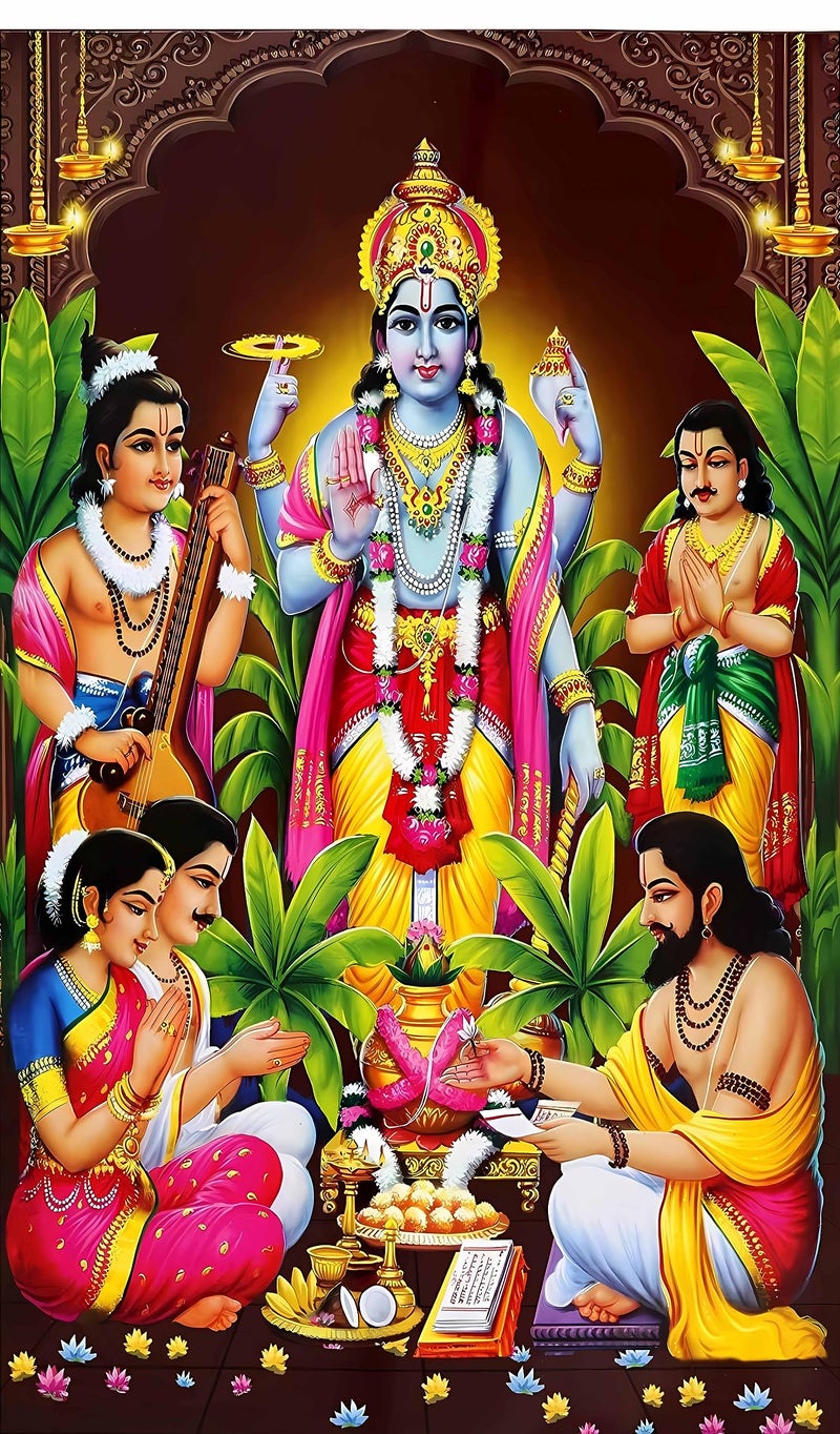Backdropon Lord Satyanarayana is a Form of Lord Vishnu Design Backdrop Cloth for Pooja Decoration Traditional/Background Curtain Cloth for Festival Size 8 Feet Height and 5 Feet Width(8 * 5) - Image 1