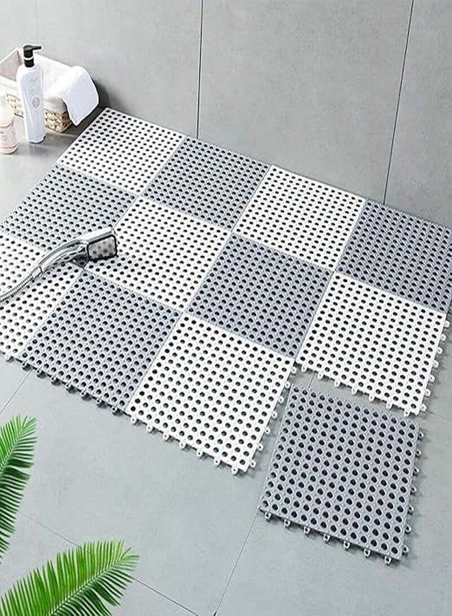 HMAA Interlocking Non Slip Drainage Tiles 12 x 12 Inch Soft PVC Waterproof Floor Mat Non Slip Rubber Bath Mat with Drain Holes Column for Bathroom, Kitchen, Shower, Pool,(Grey, White) (PAKC of 34) - Image 1