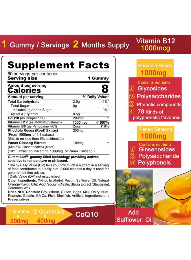 NEVISS Sugar Free CoQ10-200mg 400mg Filled Gummies - 2 Months Supply - w/ Vitamin B12 1000mcg, Rhodiola Rosea & Panax Ginseng, B6, Coenzyme Q10 Supplement for Hear-t, Energy, Antioxidant, Ultra Absorption - Image 3