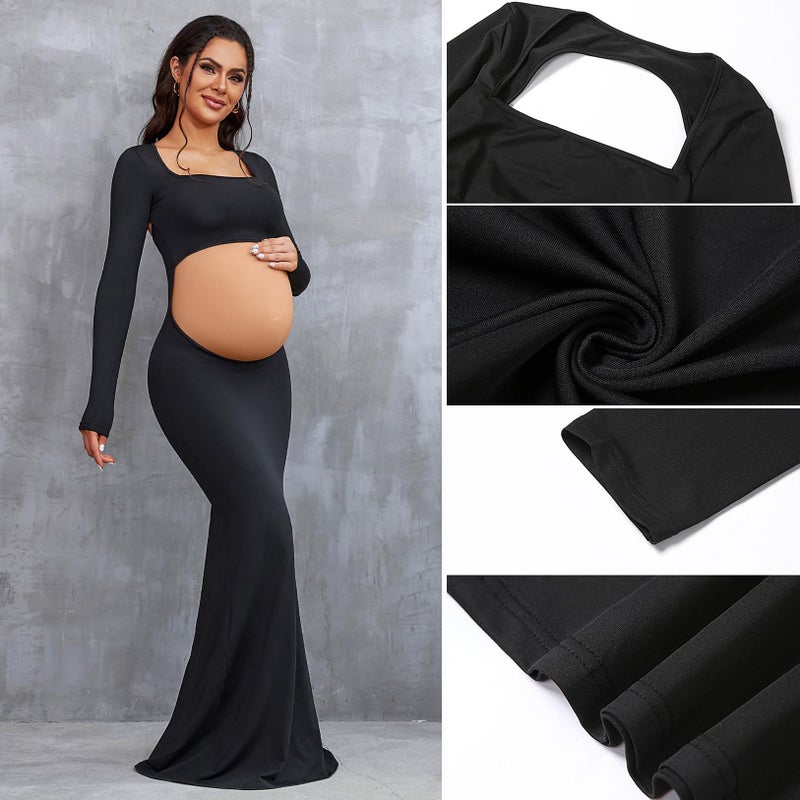 Bhome Maternity Photoshoot Dress Long Sleeve Sexy Cut-Out Backless Maternity Maxi Gown Photography Outfits Black M - Image 5