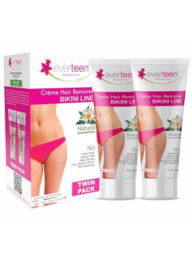 everteen كريم إزالة الشعر من إيفرتين للنساء والفتيات، كريم مزيل للشعر بدون ألم لخط البيكيني وتحت الإبطين، بدون رائحة قوية، أو اسمرار للبشرة أو طفح جلدي - عبوة مزدوجة 50غ + 50غ - Image 1