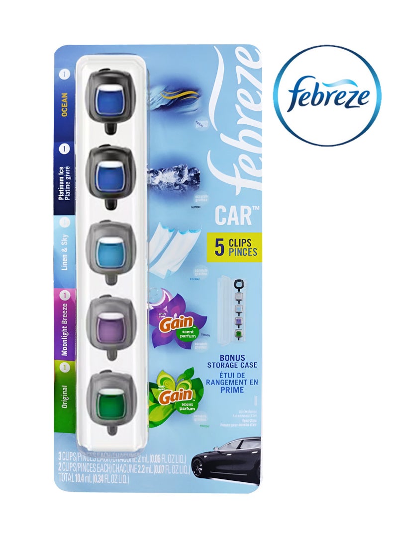 febreze Car Air Freshener 5-Pack vent clips with bonus storage case - 5 Different scents (2ml x 5) original & Moonlight breeze gain scent +Linen & sky +Platinum Ice & Ocean Scent - Image 1