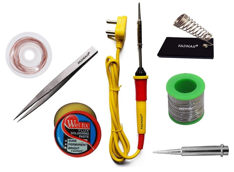 FADMAN BASIC COMPLETE KIT TYPE-7 SOLDERING IRON KIT | DESOLDER WICK | TWEEZER | BIT | STAND | SOLDER WIRE | PASTE | YELLOW SOLDERING IRON | - Image 1