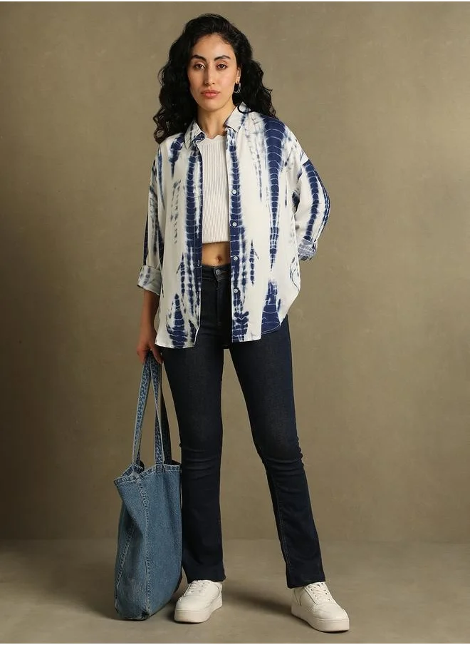 دينيس لينغو Blue Printed Shirt for Women - Oversized Fit, Bold