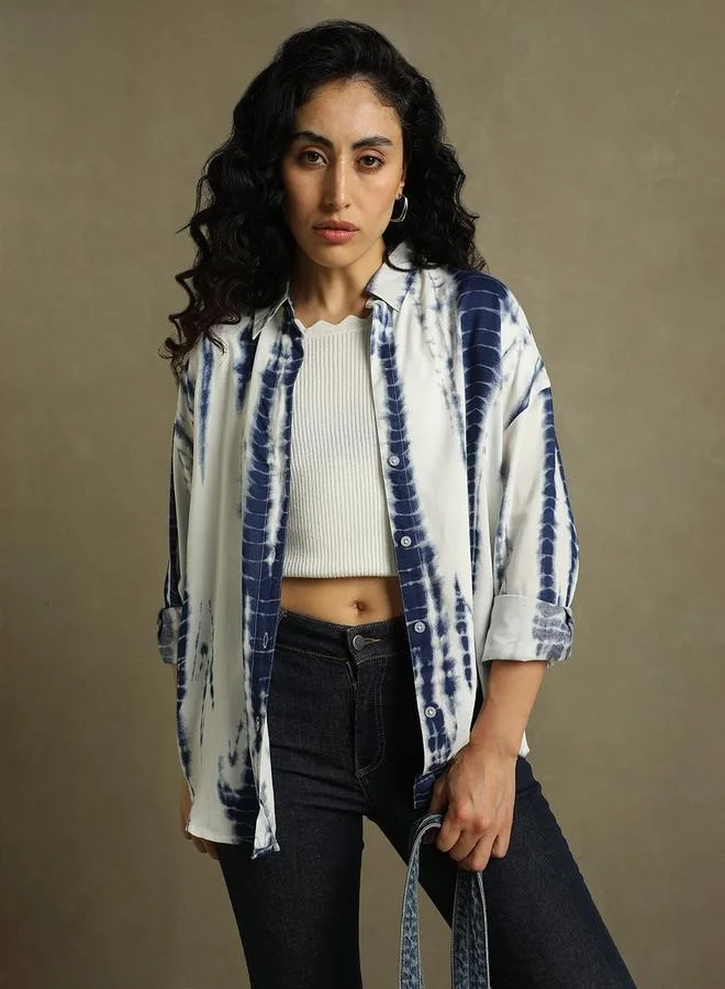 دينيس لينغو Blue Printed Shirt for Women - Oversized Fit, Bold