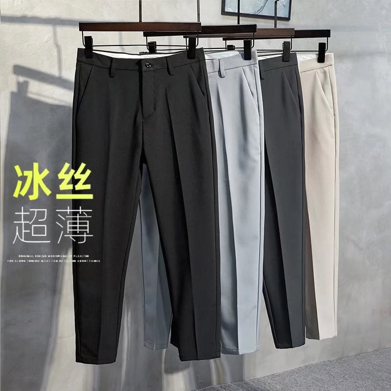 Mens Ice Silk Thin Summer Suit Pants Slim Fit Light gray - Image 5