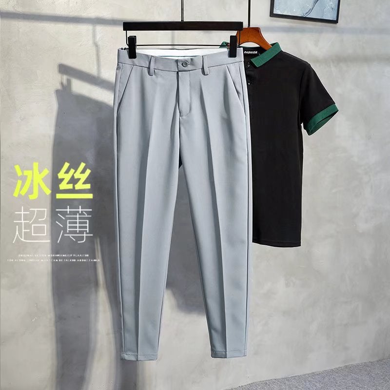 Mens Ice Silk Thin Summer Suit Pants Slim Fit Light gray - Image 1