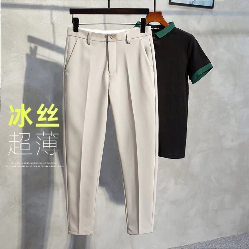 Mens Ice Silk Thin Summer Suit Pants Slim Fit Light gray - Image 2