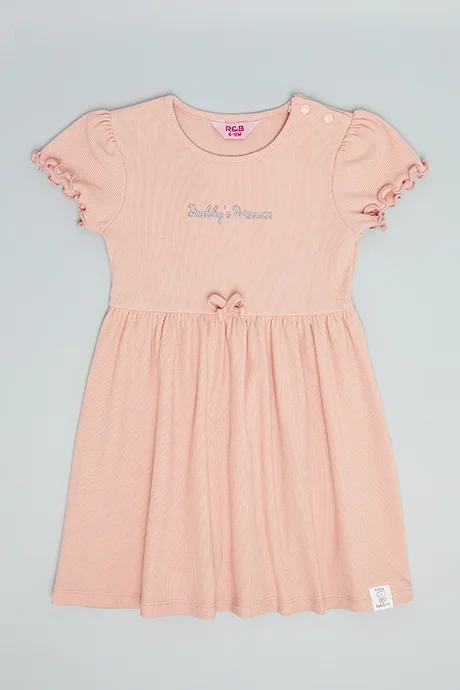 R&b Embroidery Detail Flared Dress with Crew Neck and Puff Sleeves
