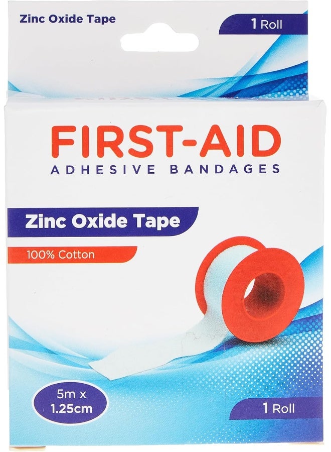 First Aid شريط لاصق من أكسيد الزنك | 100% قطن، شريط رياضي غير قابل للتمدد لدعم الإصابات والإسعافات الأولية، 1-لفة (5م × 1.25سم) - Image 1