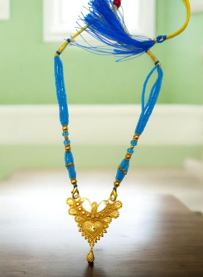 MSN Traditional Gold Tone Heart Pendant Necklace blue Beaded Chain Ethnic Jewelry - Image 5