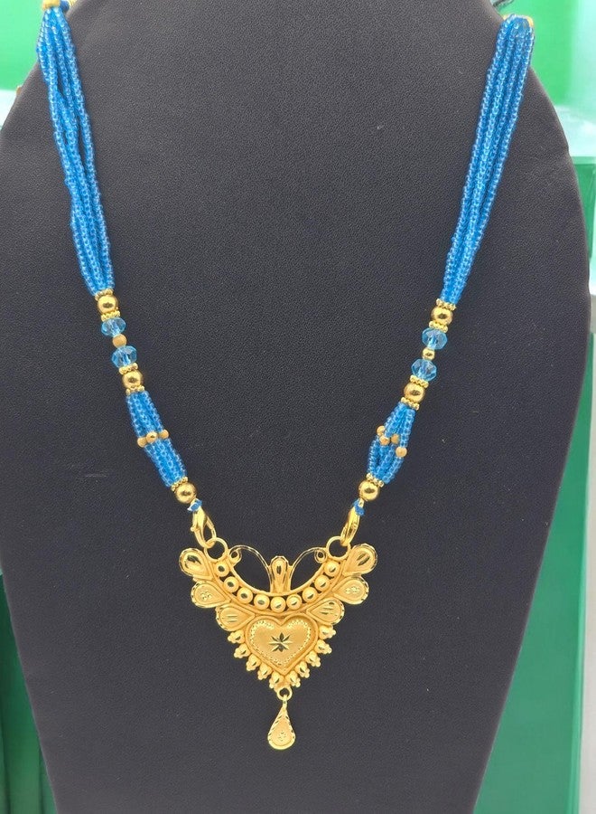 MSN Traditional Gold Tone Heart Pendant Necklace blue Beaded Chain Ethnic Jewelry - Image 2