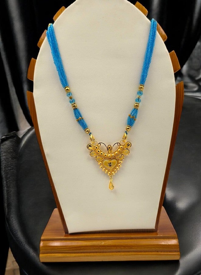MSN Traditional Gold Tone Heart Pendant Necklace blue Beaded Chain Ethnic Jewelry - Image 4