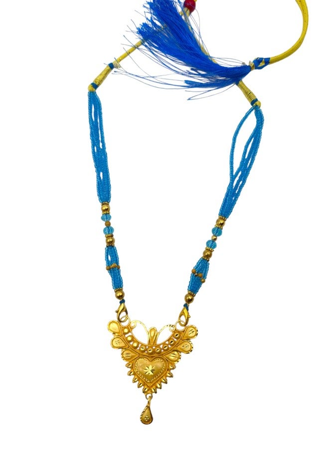 MSN Traditional Gold Tone Heart Pendant Necklace blue Beaded Chain Ethnic Jewelry - Image 1