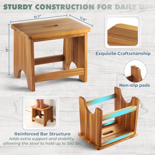 Carpentray Wooden Step Stool, 13'' Heavy Duty Step Stool for Adults with Convenient Handle, Wooden Stepping Stool Hold up to 500 lbs, Heavy Duty/Nonslip/Durable Construction Safe Step Stool for Bedroom/Kitchen - Image 3
