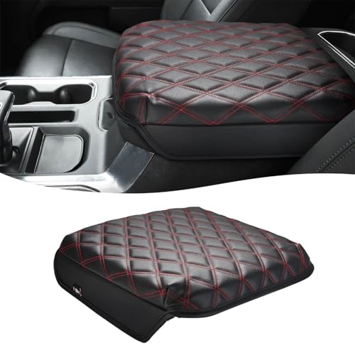 KBH Center Console Armrest Cover for Chevy Silverado & GMC Sierra 2019-2025, Tahoe & Suburban & Yukon 2021-2025 Bucket Seat, Vinyl Leather Trim, Black-Red Double Stitch - Image 1